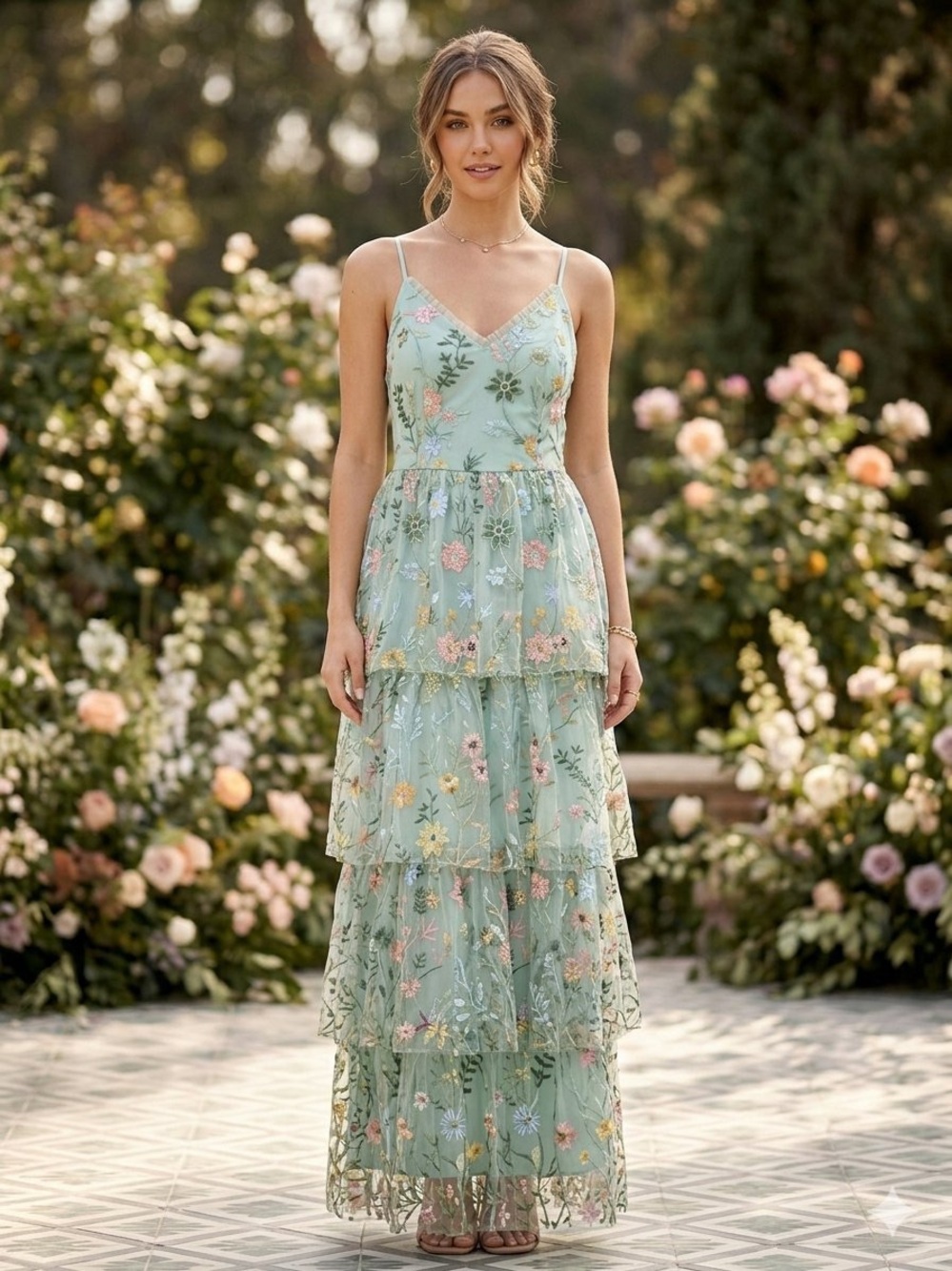 City Studios Mint Green Embroidered Floral Tiered Maxi Gown Dress 18W